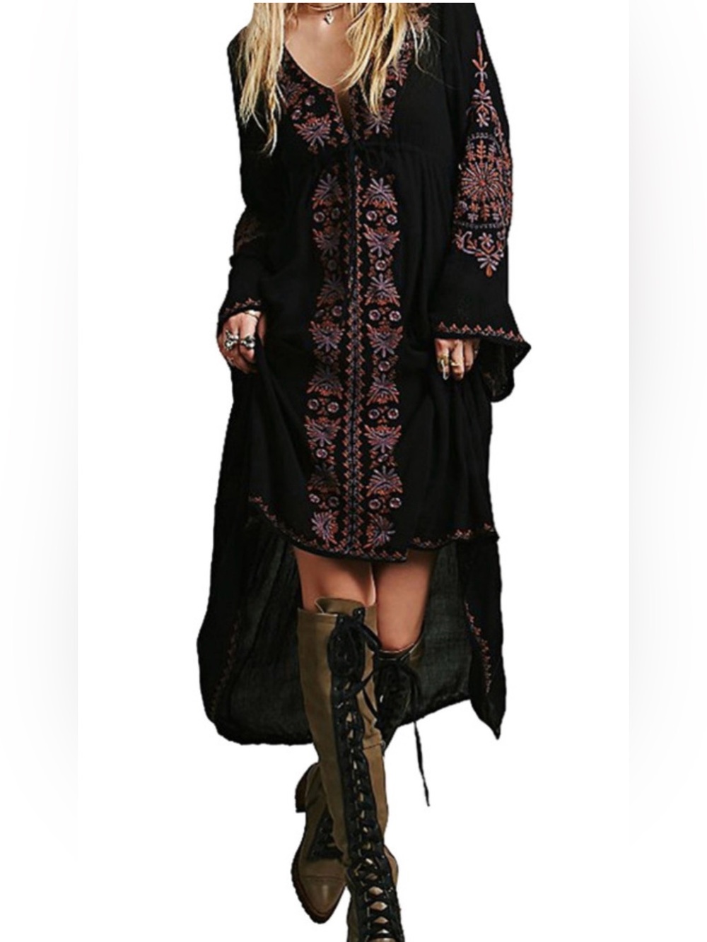R Vivimos Boho Embroidered Black High-Low Dress Long Sleeves SZ XL NWT